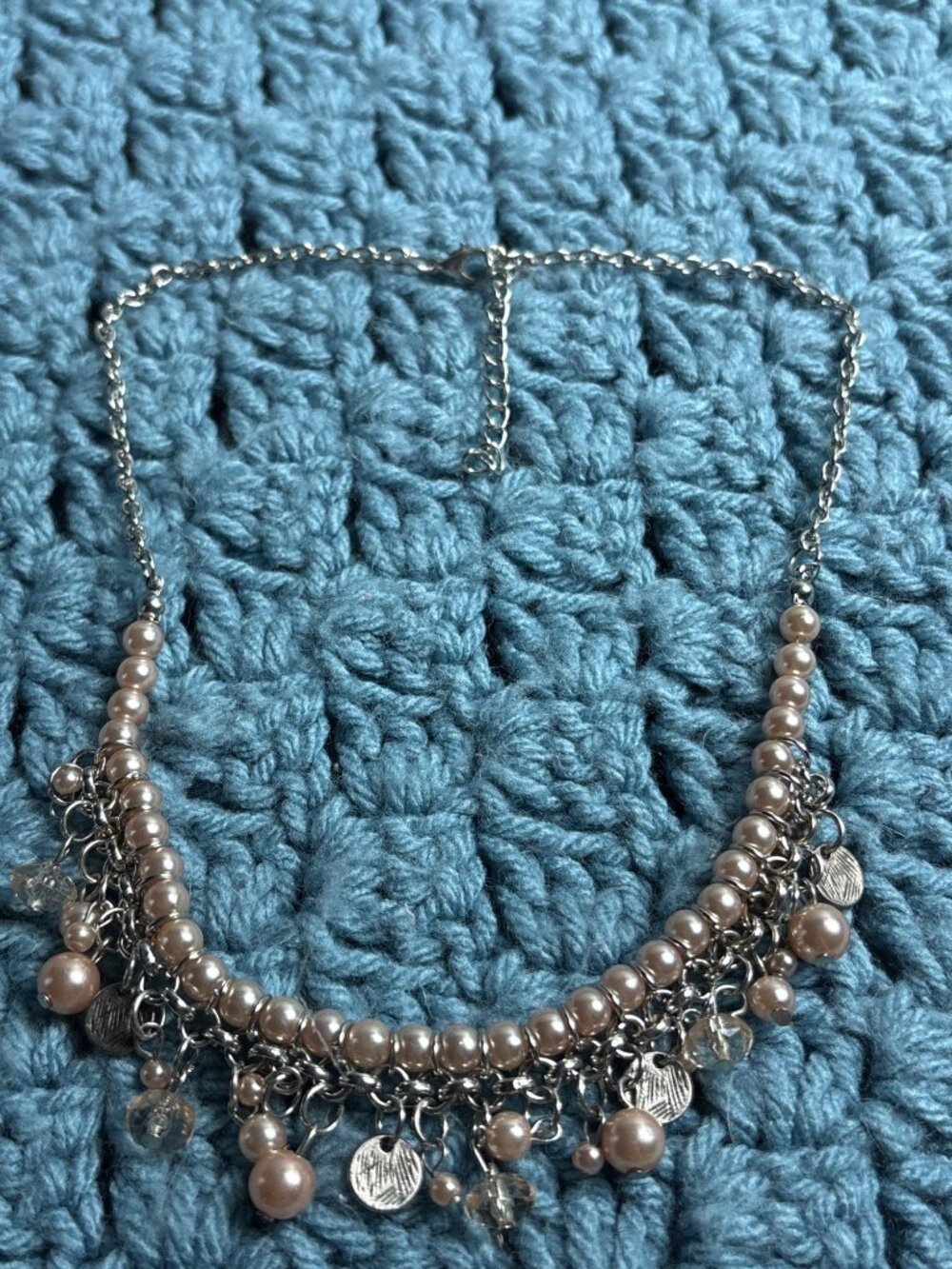Faux Pearl Beaded Fringe Necklace Silvertone Textured Discs 17 - 19 inches Long